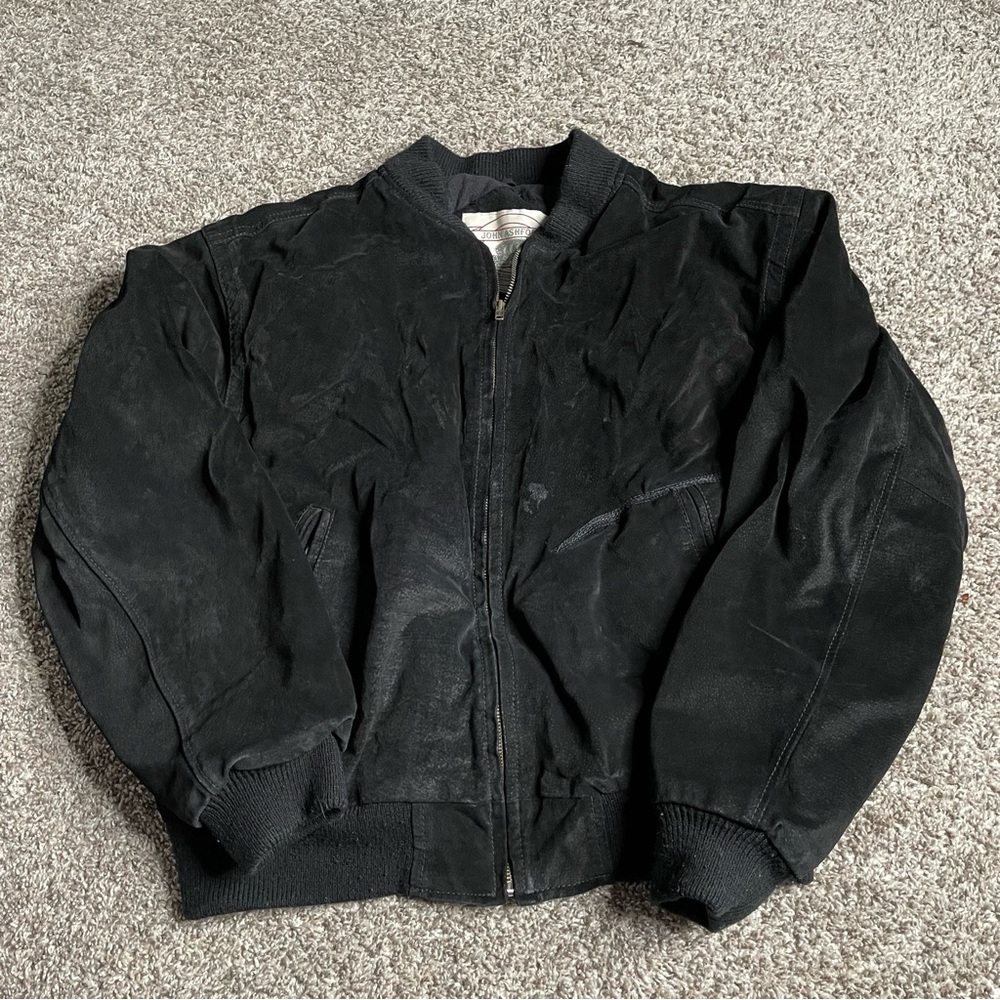 John Ashford Suede Bomber Jacket Mens Large Black Grunge Stained Distressed Zip